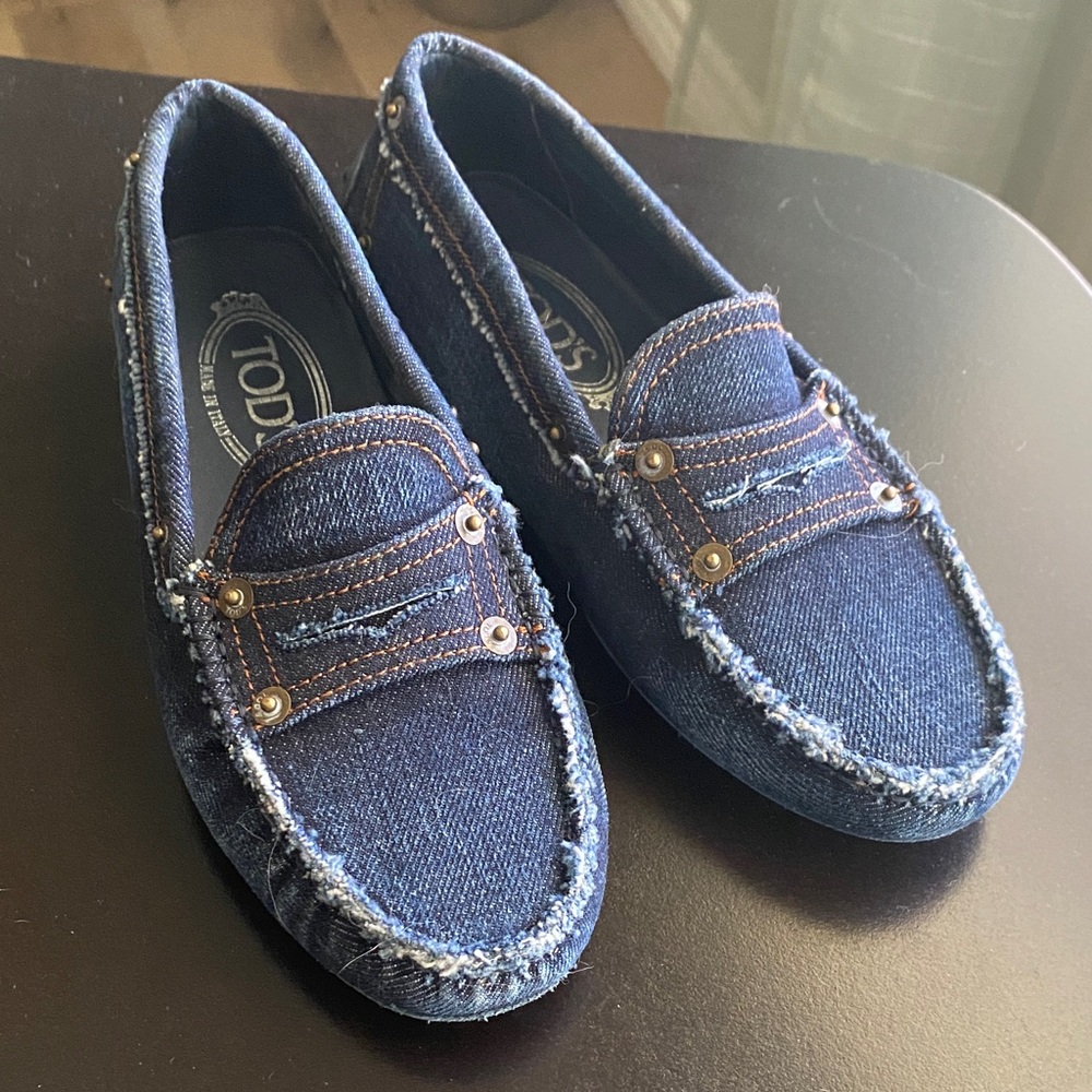 Tod's Dark Blue Denim Penny Loafers with Stud Accents